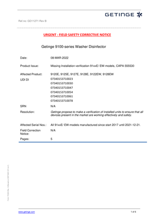 Getinge 9100 series Washer Disinfector Urgent Field Safety Notice  March 2022
