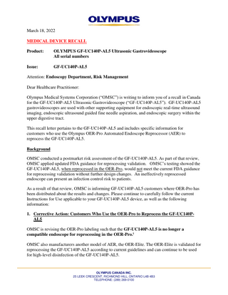 OLYMPUS GF-UC140P-AL5 Ultrasonic Gastrovideoscope Medical Device Recall March 2022