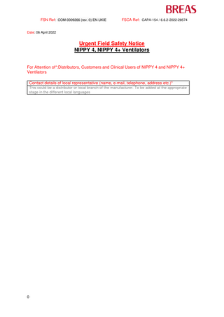 NIPPY 4, NIPPY 4+ Ventilators Urgent Field Safety Notice April 2022