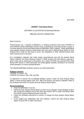 LIFEPAK 12 and 20 Urgent Field Safety Notice April 2008
