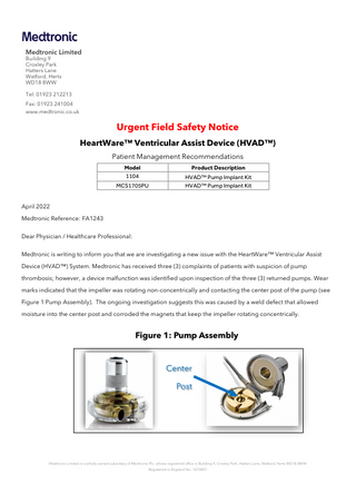 HeartWare Ventricular Assist Device Urgent Field Safety Notice April 2022