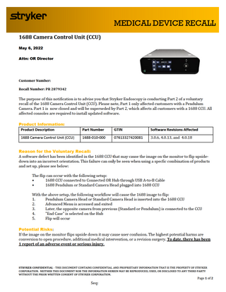1688 Camera Control Unit  Urgent Field Safety Notice May 2022