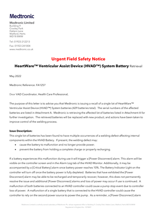 HeartWare Ventricular Assist Device Urgent Field Safety Notice May 2022