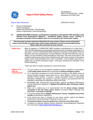 R860 , Engstrom and Engstrom PRO Ventilator Urgent Field Safety Notice May 2022