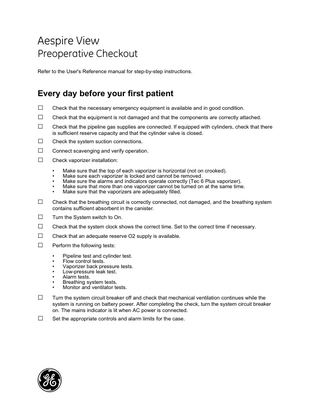 Aespire View Preoperative Checkout Users Reference Manual Rev B Aug 2014