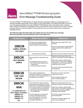 ®  Alere INRatio PT/INR Monitoring System Error Message Troubleshooting Guide 	
   ®  The Alere INRatio PT/INR Monitor can report abnormal operating conditions by displaying error or warning messages appropriate to the condition on the meter display. The following provides a list of the ® error messages generated by the Alere INRatio PT/INR Monitor with a description of the conditions which cause the message to be displayed. Some errors allow the user to recover from the error condition whereas others are non-recoverable. In most cases the user can recover from the error condition by repeating the test.	
   The following table describes both recoverable and non-recoverable error message. Recovery procedures are described for each recoverable error.  Display Screen 	
    What’s the problem?	
   The sample was applied during the warm up period before the “Apply Sample” screen appeared.  What to do?	
   Begin the process again with a new test strip. Be sure to wait until the “Apply Sample” screen appears before applying the sample.  A used strip was inserted.  Be sure to use a new strip for every test.  	
   Not enough blood reached the test area.  Begin the process again with a new test strip and perform another fingerstick.  The possible causes for this are: o Not enough blood applied to the sample well. o The strip channel is blocked.	
    Make sure to apply a large hanging drop of blood. Consult the Fingerstick Tip Sheet if you are having problems obtaining a good sample. Do not try to add more blood from the first fingerstick.  Only certain combinations of numbers and letters are recognized by the monitor. The code entered was not recognized by the monitor.	
    or	
  combination	
  of	
   three	
  digits.	
  Examples:	
   ERROR	
  411	
   ERROR	
  114	
   ERROR	
  123	
   Etc.	
    	
   Re-enter the correct code at the “Strip Code” prompt. If the message repeats, call Alere Technical Support.  The monitor had a data processing problem while calculating the results from some or all of the three channels. This may be caused by the following: o A problem with the individual test. o Not enough blood was applied to the sample well.  Begin the process again with a new test strip and perform another fingerstick.  The error appears as a three digit number. Each digit represents one of the channels on the strip and may appear as 1, 2, 3, or 4. o Example: ERROR 411  Do not try to add more blood from the first fingerstick.  Make sure to apply a large hanging drop of blood. Consult the Fingerstick Tip Sheet if you are having problems obtaining a good sample.  If the error message repeats, call Alere Technical Support  