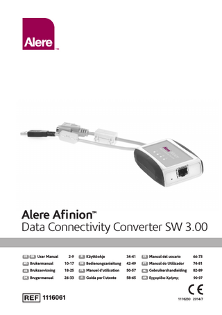 Alere Afinion™ Data Connectivity Converter User Manual Conformity to Directive  Alere Afinion™ AS100 Analyzer equipped with Alere Afinion™ Data Connectivity Converter (ADCC) meets all provisions in the European Directive 98/79/EC on in vitro diagnostic medical devices, and the ADCC component is CE marked accordingly.  Safety standards  Alere Afinion™ AS100 Analyzer equipped with Alere Afinion™ Data Connectivity Converter (ADCC) has been tested and found to be in conformity with IIEC, UL, CAN/CSA-C22.2: 61010-1 (Safety requirements for electrical equipment for measurement, control, and laboratory use), IEC 61010-2-081:2001 + A1 and IEC 61010-2-101:2002 (Particular requirements for in vitro diagnostic (IVD) medical equipment).  EMC standards  Alere Afinion™ AS100 Analyzer equipped with Alere Afinion™ Data Connectivity Converter (ADCC) has been tested and found to be in conformity with EN 61326-1:2006 (Electrical equipment for measurement, control, and laboratory use – EMC requirements), EN 61326-2-6:2006 (In vitro diagnostic (IVD) medical equipment) and CFR 47: Telecommunications, Chapter I- FCC Part 15 – Radio Frequency Devices – Subpart B: unintentional radiators.  TABLE OF CONTENTS 1  Symbols and abbreviations  2  2  Intended use of the Alere Afinion™ Data Connectivity Converter  3  3  Examining the package contents  3  4  Description of the Alere Afinion™ Data Connectivity Converter  3  5  Installing the Alere Afinion™ Data Connectivity Converter  4  5.1  Configuration of the ADCC  4  5.2  ADCC settings  4  5.3  Connecting ADCC  5  6  Web interface errors  6  7  Web interface ADCC software update  6  8  ADCC troubleshooting  7  8.1  LED status indicator signals  7  8.2  Confirm preparations  8  9  Testing procedures  8  10  Patient discretion  8  11  Connecting the ADCC to a LIS/HIS system  8  12  Maintenance and warranty  9  12.1  Cleaning and maintenance  9  12.2  Warranty  9  13  Disposal of the ADCC  9  14  Technical specifications  9  15  Third party software component  9  1 SYMBOLS AND ABBREVIATIONS The following symbols and abbreviations are used in the product labelling and instructions for the Alere Afinion™ Data Connectivity Converter. Please consult the Alere Afinion™ AS100 Analyzer User Manual and Package Insert that comes with each Alere Afinion™ test kit for symbols and abbreviations for the Alere Afinion™ AS100 Analyzer system. ADCC  Alere Afinion™ Data Connectivity Converter  SN  Serial number  LOT  Lot number  LED  Light Emitting Diode  HIS  Hospital Information System  LIS  Laboratory Information System  ASTM  American Society for Testing and Materials  HL7  Health Level Seven  POCT1-A  Point-Of-Care Connectivity; Approved Standard  EPR  Electronic Patient Record  2  GB  US  