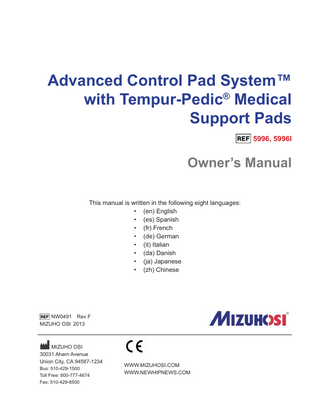 Advanced Control Pad System with Tempur - Pedeic Medical Support Pads Owners Manual Rev F