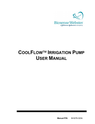 User Manual – English  1-1  COOLFLOW Irrigation Pump User Manual – English  TABLE OF CONTENTS 1.  Device Description ______________________________________ 1-3 Unpacking the Pump...1-3 Electrical Connections ...1-4  2.  Safety Information _______________________________________ 1-4 Intended Use / Indications ...1-4 Warnings...1-4 Precautions ...1-5  3.  Setting Up the COOLFLOW Pump ___________________________ 1-6 IV Pole Mount ...1-6 Turning the Pump On...1-7 Loading the Tubing Set in the Pump...1-7 Preparing for Irrigation ...1-9  4.  Working with the Control Panel ____________________________ 1-9  5.  Using the Foot Pedal (optional) ___________________________ 1-11  6.  Alarms and Error Codes _________________________________ 1-11  7.  Preventive Maintenance / Service _________________________ 1-13 Cleaning...1-13 Preventive Maintenance ...1-13 Calibration/Adjustments ...1-13 Storage ...1-13  8.  Specifications _________________________________________ 1-14 EMC Information ...1-15  9.  Accessories ___________________________________________ 1-19  10. Limited Warranty & Limitation of Liability___________________ 1-20  C OOL F LOW ™ Irrigation Pump  