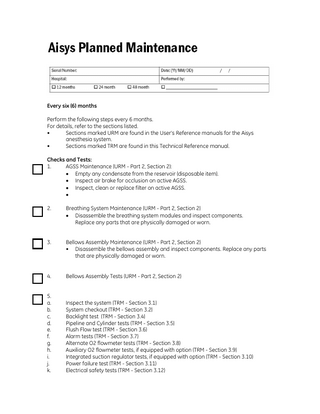 Aisys Planned Maintenance 6 Month PM Check List