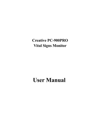 User Manual for Vital Signs Monitor  Table of Contents Chapter 1 Overview ... 1 1.1 Features ... 1 1.2 Product Name and Model ... 1 1.3 Intended Use ... 1 1.4 Safety ... 1 Chapter 2 Operating Principle ... 2 2.1 Overall Structure ... 2 2.2 Conformation ... 2 Chapter 3 Installation and Connection ... 3 3.1 Appearance ... 3 3.1.1 Front Panel ... 3 3.1.2 Side Panel... 5 3.1.3 Rear Panel ... 6 3.1.4 Underside of the Monitor ... 7 3.2 Battery Installation ... 7 3.3 Installation... 8 3.3.1 Opening the Package and Check ... 9 3.3.2 Connecting the Power Supply ... 9 3.3.3 Starting the Monitor ... 9 3.4 Sensor Placement and Connection ... 9 3.4.1 Blood Pressure Cuff Connection ... 9 3.4.3 SpO2 Sensor Connection ... 13 3.4.4 TEMP Transducer Connection ... 14 3.4.5 Loading printer paper (if printer is installed) ... 14 Chapter 4 Operations ... 16 4.1 Initial Monitoring Screen ... 16 4.2 Default Screen ... 16 4.3 NIBP List Screen... 18 4.4 SpO2 Data List Screen ... 18 4.5 Alarm Event List Screen ... 19 4.6 Trend Graph Display ... 20 4.7 Setup Menu Screen ... 21 4.7.1 SpO2 Setup ... 22 4.7.2 NIBP Setup... 23 IV  