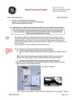 Lullaby Resus Plus and Prime Urgent Field Safety Notice Oct 2021