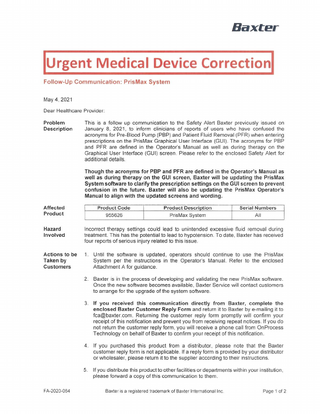 PrisMax System Follow up Urgent Medical Device Correction May 2021