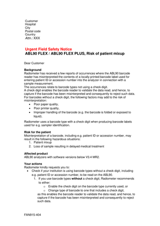 Radiometer ABL90FLEX and FLEX PLUS Urgent Field Safety Notice Jan 2020 - Barcode reader issue 