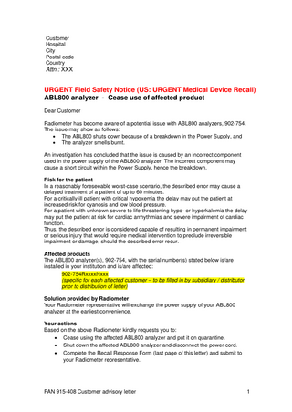 Radiometer ABL800 Urgent Field Safety Notice June 2020