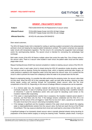 HCU40 Urgent Field Safety Notice Aug 2020 - Replacement of valves