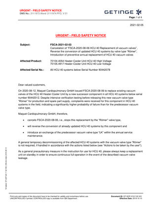 HCU40 Urgent Safety Notice Feb 2021- Cancelation of Valve replacement program