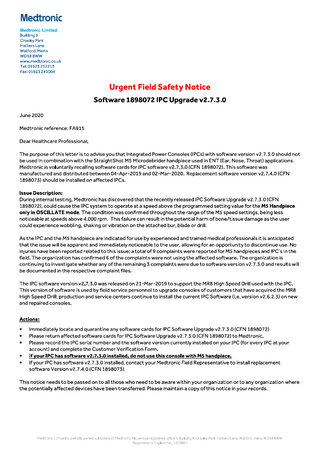 IPC Urgent Field Safety Notice  June 2020 - M5 Handpiece control issue