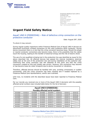 Fresenius Medical Care  AquaC UNO Urgent Field Safety Notice Aug 2020