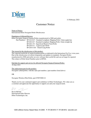 Dilon Navigator Probe Obsolescence Letter Feb 2021