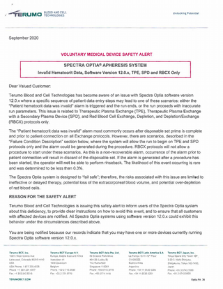SPECTRA OPTIA Voluntary Medical Device Safety Alert Sept 2020