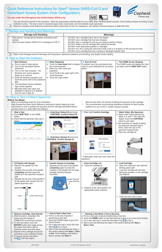 Quick Reference Instructions for Xpert® Xpress SARS-CoV-2 and GeneXpert Xpress System (Hub Configuration) For use under the Emergency Use Authorization (EUA) only. The user should be trained in the procedure. Wear the appropriate protective attire for your safety when handling patient samples. Clean testing surfaces according to your institution’s policy. This test is only for nasopharyngeal swab, nasal swab, and mid-turbinate swab specimens. Read the complete Quick Reference Instructions before performing the test. For assistance, call Cepheid Technical Support at (888) 838 3222.  I Storage and Handling and Warnings Storage and Handling  • •  Wear gloves. Change gloves between processing each sample. Store the Xpert Xpress SARS-CoV-2 cartridges at 2-28 °C.  Warnings • • • • • • •  DO NOT use a cartridge that is wet or has leaked. DO NOT use a cartridge that has been dropped. DO NOT open a cartridge lid until you are ready to perform testing. DO NOT shake or tilt the cartridge after adding the sample. DO NOT reuse disposable pipettes or cartridges. DO NOT turn off or unplug the instrument while a test is in progress as this will stop the test. DO NOT use a cartridge that has a missing or damaged reaction tube.  Refer to the Package Insert for Warnings and Precautions, Specimen Collection and Handling, and Quality Control Testing.  II How to Start the Software 1 Start Software  a. Put on a pair of clean gloves. b. Turn on the GeneXpert Xpress instrument. c. Turn on the Hub computer. The Windows lock screen appears. Swipe up to continue. d. Enter the Windows password and touch the arrow next to the password field. e. The GeneXpert Xpress Software login screen appears f. Manually enter user name and password in Step 2a or if enabled, scan ID card in Step 2b.  2a Enter Password  a. Touch the User Name field to display the virtual keyboard. b. Enter your user name and password. c. Touch the X in the upper right of the virtual keyboard. d. Touch the Login button.  2b Scan ID Card  If enabled, log in by scanning the barcode on your institutional ID, as shown below.  3 The HOME Screen Displays.  The HOME screen will display the module status and the NEW TEST button.  III How to Test a Patient Specimen Before You Begin: • • •  Refer to the package insert for more information. Read through this entire Quick Reference Instructions before beginning a test. Instructions on how to prepare the specimen and the cartridge (presented below) are also shown in a video within the software.  • •  1 Start a Test.  3 Scan and Confirm Cartridge  a. Touch NEW TEST on the HOME screen. b. Check that the specimen tube cap is closed.  2a Enter/Scan Patient ID and touch CONTINUE. Confirm Patient ID.  Start the test within 30 minutes of adding the specimen to the cartridge. The recommended environmental operating conditions for Xpert Xpress SARS-CoV-2 are 15-30°C, 20-80% relative humidity.  4 Watch Video. Mix Specimen.  a. Watch video before performing Steps 5, 6, and 7. The video will repeat. Touch the CONTINUE button to exit video. b. Mix specimen by rapidly inverting the specimen transport tube 5 times. Open the cap on the specimen transport tube. c. Open the cartridge lid.  2b Enter/Scan Sample ID and touch CONTINUE. Confirm Sample ID.  * If applicable, enter your user name and password.  5 Fill Pipette with Sample.  a. Remove the pipette from the wrapper. b. Squeeze the top bulb of the pipette completely and then place the pipette tip in the specimen transport tube. c. Release the top bulb of the pipette to fill the pipette with sample from the patient specimen tube.  6 Transfer Sample to Cartridge.  a. Squeeze the top bulb of the pipette completely again to empty the contents of the pipette into the large cartridge opening (Sample Chamber).  7 Close Cartridge Lid.  a. Close the cartridge lid.  8 Load Cartridge.  a. Open the instrument door with the blinking green light. b. Load the cartridge with barcode facing the operator on the cartridge bay platform.  Sample Chamber Large Opening  b. Dispose of the used pipette in an appropriate waste container. c. Close the door until it clicks.  9 Remove Cartridge. View Results.  a. When the test is completed, the screen text will change to COMPLETE and the door unlocks. b. To view test report, touch the REPORT button then swipe across the screen from left to right to minimize screen and view report. c. Dispose of the cartridge and gloves according to your institution’s policy. d. To log out, tap the User Menu icon , then tap Logout.  2020 Cepheid  10 How to Start a New Test. a. Put on a new pair of gloves if performing a new test. b. Touch the HOME button to go to the Home Screen. c. For a new user log in, touch the User Menu icon to log in. d. Start a new test following the steps in this section starting with Step 1, Start a Test. Or for starting a test while a test is running, see Step 11.  11 Starting a Test While a Test is Running.  a. Put on a new pair of gloves if performing a new test. b. Touch the HOME button on the Test Running screen to go to the Home Screen. c. For a new user log in, touch the User Menu icon to log in. d. Start a new test following the steps in this section starting with Step 1, Start a Test.  For IVD In Vitro Diagnostic Use Only  302-3752 Rev. B April 2020  