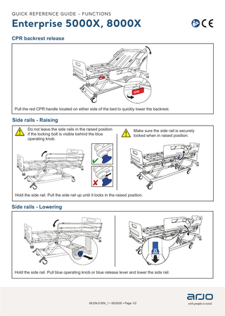 QUICK REFERENCE GUIDE - FUNCTIONS  Enterprise 5000X, 8000X CPR backrest release  Pull the red CPR handle located on either side of the bed to quickly lower the backrest.  Side rails - Raising Do not leave the side rails in the raised position if the locking bolt is visible behind the blue operating knob.  Make sure the side rail is securely locked when in raised position.  Hold the side rail. Pull the side rail up until it locks in the raised position.  Side rails - Lowering  Hold the side rail. Pull blue operating knob or blue release lever and lower the side rail.  08.EN.01EN_1 • 05/2020 • Page 1/2  