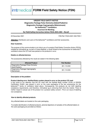 bellavista ventilators Urgent Field Safety Notice Dec 2021