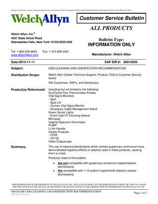 CSB Cleaning and Disinfection Recommendation Customer Service Bulletin Nov 2013