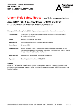 AquaVENT FD140i Urgent Field Safety Notice Jan 2022
