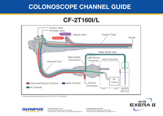 COLONOSCOPE CHANNEL GUIDE CF-2T160I/L Suction Valve Air/Water Valve Channel 2  Insertion Tube  Biopsy Valve  Channel 1  Nozzle  Water Bottle Tube Water Bottle Connection  Light Source Connector LIGHT SOURCE  Water Channel  Air Pump  Universal Cord  Instrument/Suction Channel Air Channel  Suction Connection  WATER BOTTLE  For complete product details see Instructions for Use. | QR 07.249 V1.0 October 2019  OLYMPUS AUSTRALIA PTY LTD  OLYMPUS NEW ZEALAND LIMITED  3 Acacia Place, Notting Hill VIC 3168, Australia Customer Service: 1300 132 992 | www.olympusaustralia.com.au  28 Corinthian Drive, Albany, Auckland NZ 0632 Customer Service: 0508 659 6787 | www.olympus.co.nz  