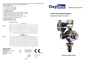 The chart indicates the variation of the output pressure during flow and when the Regulator output pressure has been set at the upper and lower input pressures. Flow calibration range a. 0 to 15 Lpm. ± 10% Full Scale. b. 0 to 12 Lpm.± 10% Full Scale. c. 0 to 3 Lpm. ± 10% Full Scale.  Healthcare Equipment  7. Test Specifications a, Regulator Test input pressure: maximum 2000 psi. (138 bar). b, Regulator Test input pressure: minimum 1500 psi. (103.5 bar). c, Regulator output pressure: 58psi (4 bar) ± 5 psi. d, Safety Valve blow off pressure: 80 - 90psi. (5.5 - 6.2 bar). e, Flowmeter Test input pressure: 58psi. (4 bar). f, Flowmeter Calibration: +/- 10%.  R1600V Series Medical Regulator Operating & Safety Instructions  8. Performance Line Charts  Table 1  Table 2  Manufactured by: Oxylitre Limited Morton House, Skerton Road Old Trafford Manchester, M16 0WJ England  Tel: Fax: email:  (0)161 872 6322 (0)161 848 7914 sales@oxylitre.co.uk 0473 Doc Ref: Issue No: Date: Page 3  Doc-OP-4242 1.4 4.9.12  Bull Nose Cylinder Fitting  