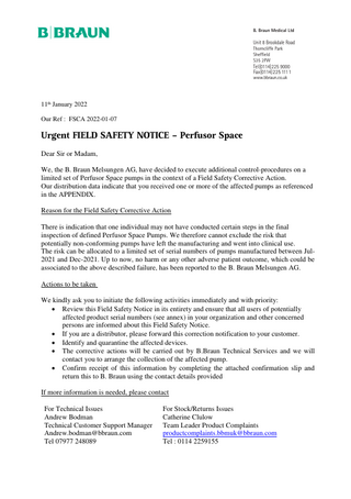 Perfusor Space Urgent Field Safety Notice Jan 2022