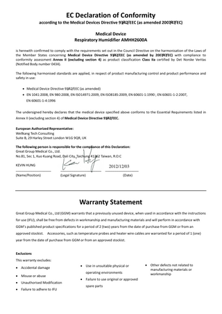 AMHH2600A Respiratory Humidifier EC Declaration of Conformity and Warranty Statement Dec 2012