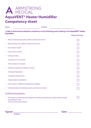 Heater Competency form Troubleshooting