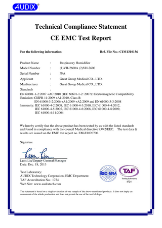 VH-2600 and VH-2600 CE EMC Test Report Technical Compliance Statement Sept 2015