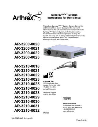 SynergyUHD4 System AR-3200-xxxx and AR-3210-xxxx Instructions for Use Manual Rev 0 July 2020