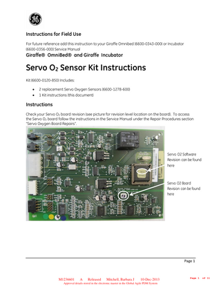 Giraffe OmniBed and Giraffe Incubator Servo O2 Sensor Kit Instructions Rev A Dec 2013