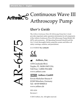 Model AR-6475 Continuous Wave III Arthroscopy Pump Users Guide Rev 1