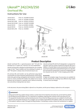 Likorall 242 and 243 and 250 Overhead Lift Instructions for Use Rev 11 2020