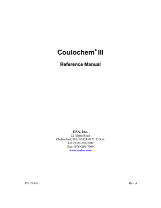 Table of Contents Warranty ...i Warnings and Safety Precautions ...iii Safety/Operating Symbols... v Important Operating Considerations ...vii Cautions ...ix 1  Introduction 1.1 Overview...1-1 1.2 Contents of the Coulochem III (50W) Reference Manual...1-1 1.3 Contents of the Coulochem III (50W) User’s Guide Manual...1-3  2  Setting up the Detector in the Laboratory 2.1 Introduction...2-1 2.2 Unpacking the Detector ...2-1 2.3 Power Requirements ...2-2 2.4 Locating the Detector in the Laboratory...2-3 2.5 Electrical Connections to Other Devices ...2-4 2.5.1 Description of the Rear Panel of the Control Module...2-4 2.5.2 Connections for Testing the Detector Module ...2-10 2.5.2.1 Detectors with a DC Potentiostat Module ...2-10 2.5.2.2 Detectors with a Pulse/Scan Module ...2-10 2.6 Test Protocol ...2-11 2.6.1 Establishing a Test Protocol ...2-11 2.6.2 Powering Up the Detector and Preliminary Operations...2-12 2.6.3 The DC Mode Test Protocol ...2-13 2.6.3.1 Establishing the DC Mode Test Protocol ...2-13 2.6.3.2 Running the DC Mode Test Protocol ...2-15 2.6.4 The Pulse/Scan Mode Test Protocol ...2-17 2.6.4.1 Establishing the Pulse Mode Test Protocol ...2-17 2.6.4.2 Running the Pulse Mode Test Protocol ...2-19 2.7 ESA Coulochem III Worksheets...2-20 2.7.1 DC Mode ...2-21 2.7.2 Pulse Mode ...2-22  Coulochem III (50W) Reference Manual  xiii  