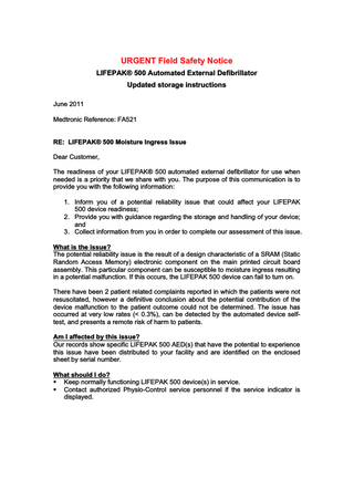 LIFEPAK 500 Urgent Field Safety Notice June 2011