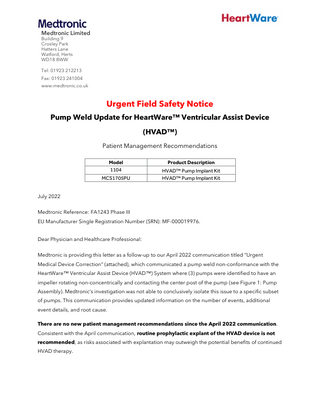 HeartWare HVAD System Urgent Field Safety Notice Pump Weld Update July 2022