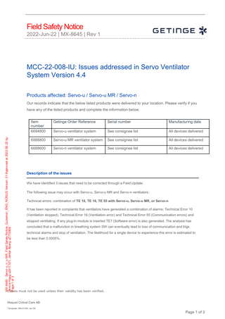 Servo Ventilator series Ver 4.4 Field Safety Notice Technical Errors June 2022