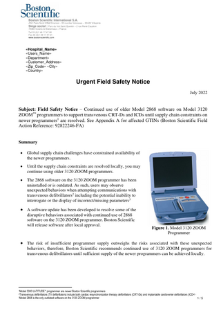 ZOOM Urgent Field Safety Notice Continued Use of older models July 2022