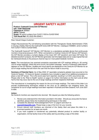 CereLink ICP Monitor Urgent Safety Alert Out of Range Readings July 2022