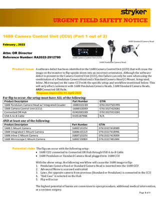 1688 Camera Control Unit Urgent Field Safety Notice Image may flip Part 1 Feb 2022