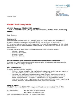 ABL800 Urgent Field Safety Notice Risked of biased Sodium results May 2022