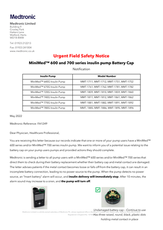 Medtronic MiniMed series Urgent Medical Device Correction Battery cap issue May 2022