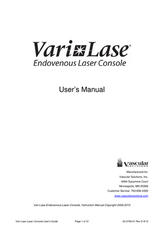 Vari-Lase Endovenous Laser Users Manual Rev D Sept 2012